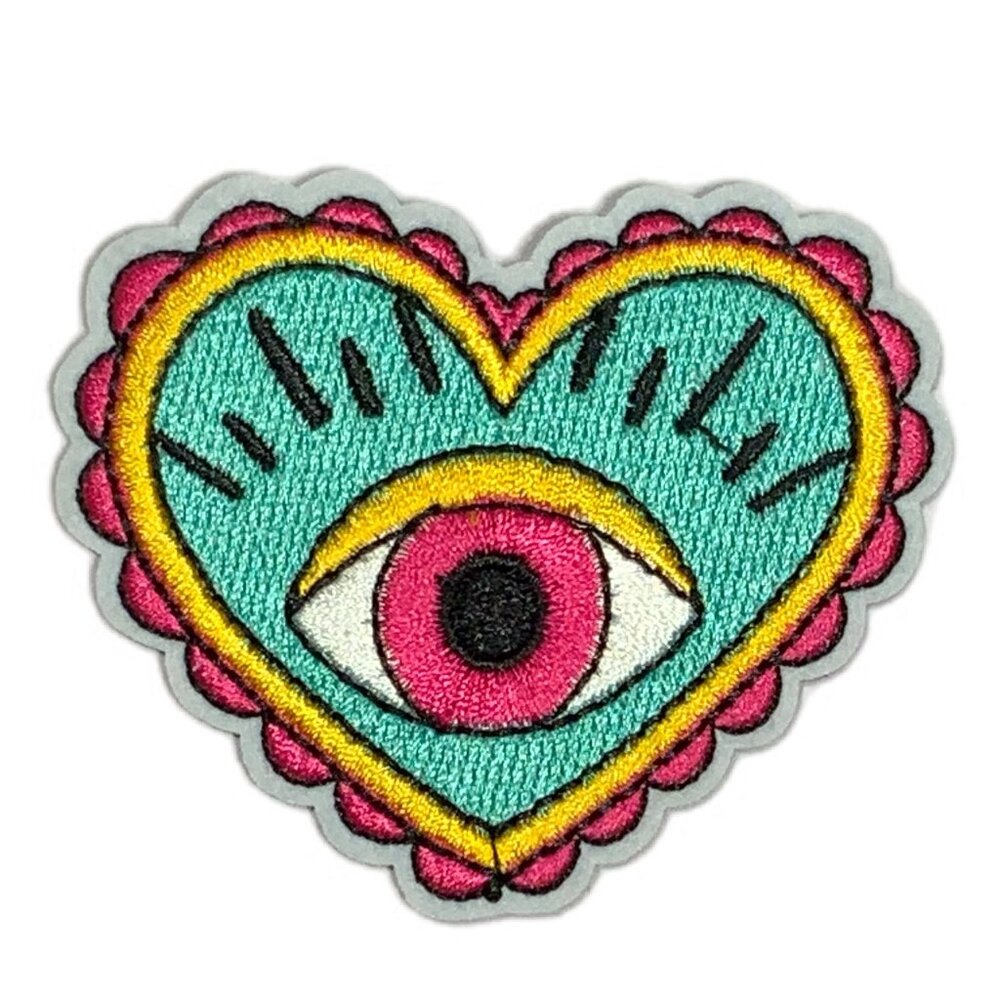 Embroidered Evil Eye Heart Shaped Iron On Patch Teal Blue Green Pink Yellow Boho